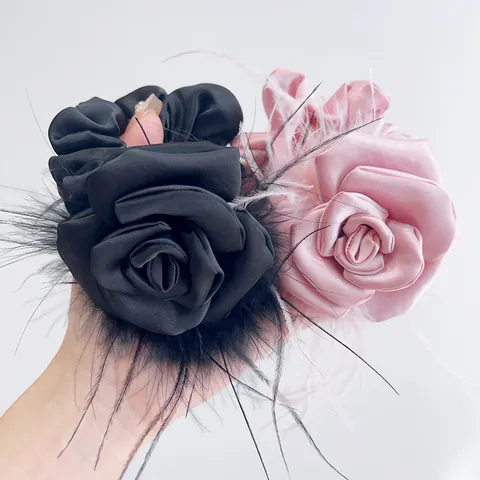 Elegant Satin Camellia Scrunchie With Ostrich Feather Decoration Handmade Flower Hair Tie Hair Accessories For Women