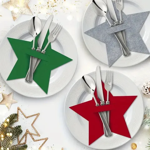 Christmas Felt Star Cutlery Holder Pocket Red Green Grey Star Cutlery Bag For Christmas Party Table Decor