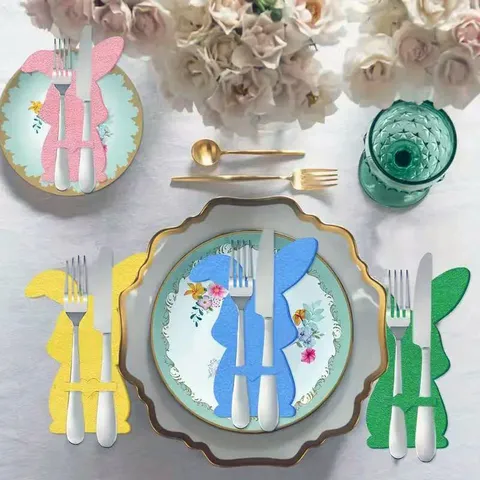 Porte-Couverts en Forme de Lapin de Pâques en Feutre Sacs à Couverts Décorations de Table pour Fête de Pâques