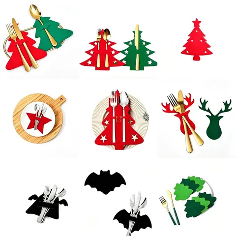 Festive Halloween Bat Christmas Tree Felt Placemats Cutlery Holder Reindeer Star Shaped Mat Party Table Decor Coaster