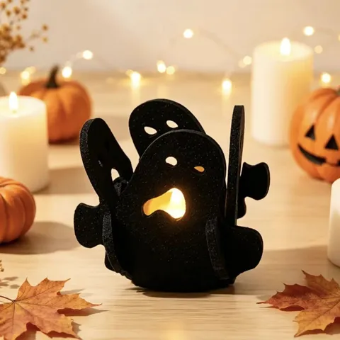 Halloween Black Felt Ghost Skull Candle Holder Hollow Festive Desktop Decoration Atmosphere Tealight Stand Party Decor