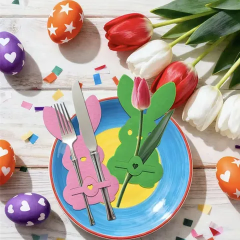 Easter Bunny Felt Cutlery Holder Rabbit Shape Tableware Pouch For Festive Party Table Decoration Home Banquet Ornament