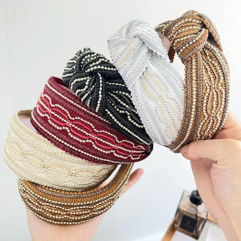 Elegant Knotted Wide Headband For Women Korean Style Bead Stripe Shimmer Rhinestone Inlaid Hair Hoop Hair Accessories