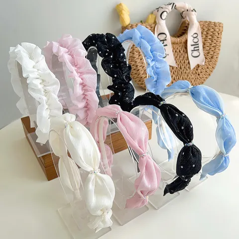 Serre-tête Élégant en Mesh à Pois Mode Strass Plissé Accessoires Cheveux Doux Style Scrunchie pour Femmes Filles