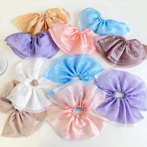 Coletero Grande para Mujer Malla de Cuatro Capas Perla Artificial Encaje Plisado Lazo para el Cabello Banda Elástica Accesorios para el Cabello Dulce