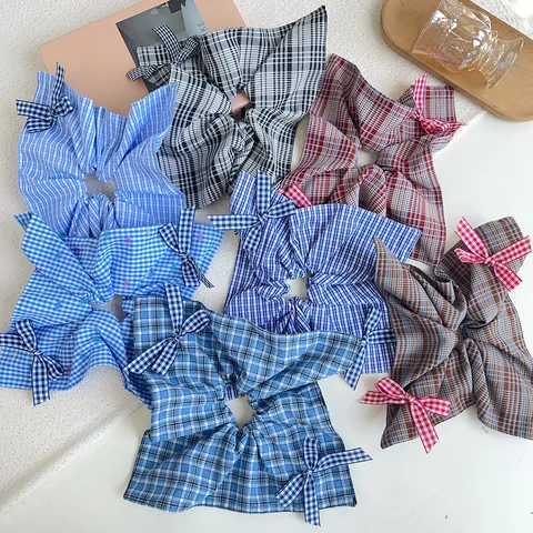 Chouchou à Carreaux Avec Nœud Style Coréen Tissu Surdimensionné pour Femmes Style Preppy Motif à Carreaux Accessoires Cheveux