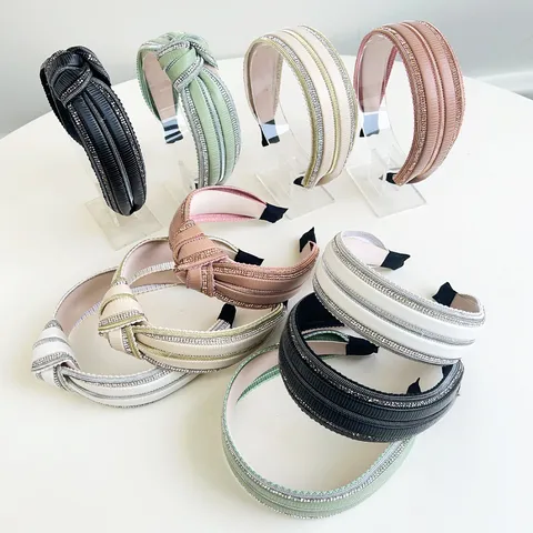 Korean Style Wide Knot Rhinestone Headband Elegant Sparkling PU Leather Hairband Fairy Fashion Party Hair Accessory For Women