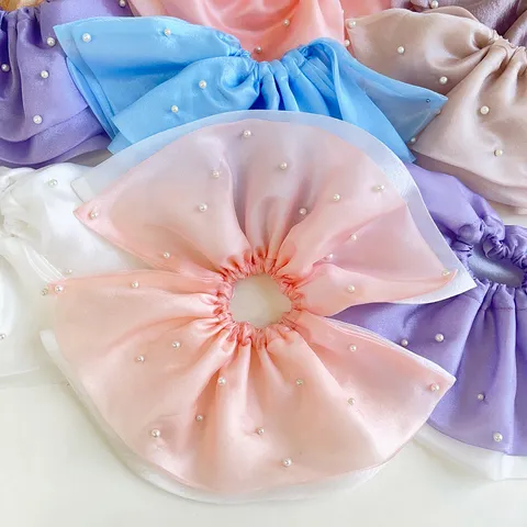 Coletero Grande para Mujer Malla de Cuatro Capas Perla Artificial Encaje Plisado Lazo para el Cabello Banda Elástica Accesorios para el Cabello Dulce