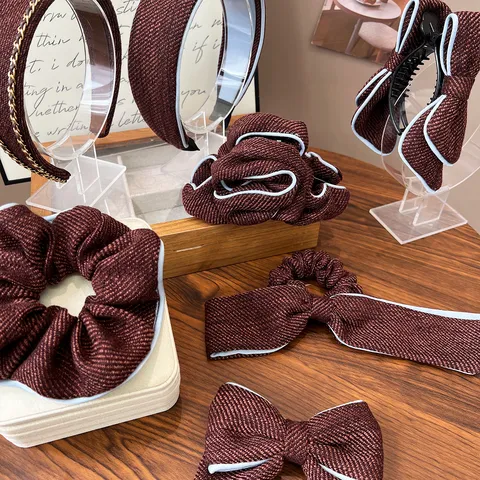 Vintage Tweed Bowknot Hair Accessories For Women Chain Headband Bow Hair Clip Scrunchie Elegant Autumn Winter Hairband Headpiece