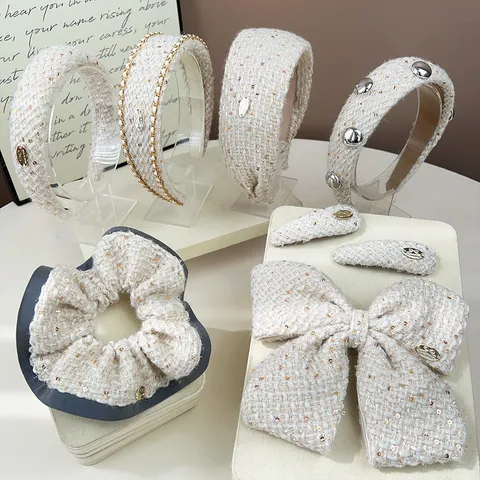 Women Korean Tweed Style High Top Headband Gold Sequin Knit Hairband Elegant Metal Chain Hair Clip Headwear Daily Accessory