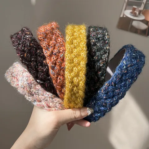 Women Knitted Yarn Headband Mori Style Retro Color Block Plaid Handmade Braided Wide Brim Hair Band For Everyday Outdoor