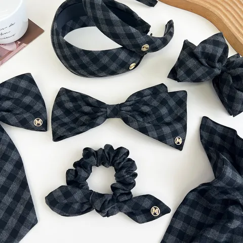 Korean Retro Grey Plaid Sponge Padded Headband For Women Vintage Cloth Bow Hair Clip Fashion Scrunchie Headwear Hair Accessory