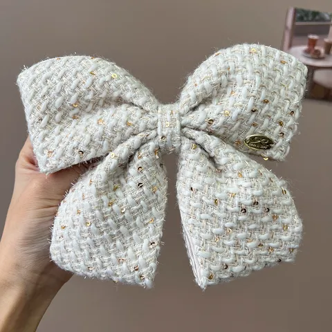 Women Korean Tweed Style High Top Headband Gold Sequin Knit Hairband Elegant Metal Chain Hair Clip Headwear Daily Accessory