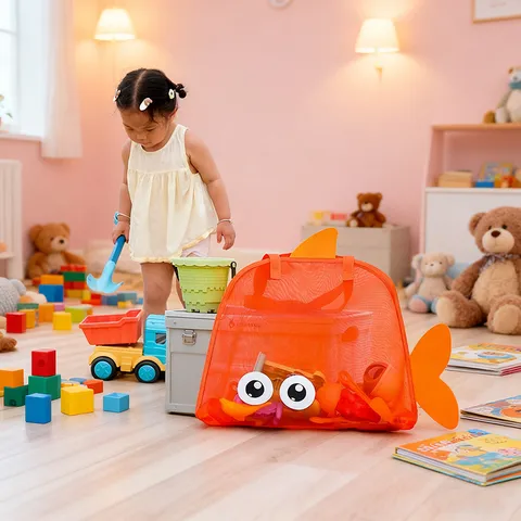 Kids Beach Bag Large Capacity Mesh Toy Storage Bag Cute Big Eyes Cartoon Swim Bag Outdoor Travel Tote Bag Lightweight