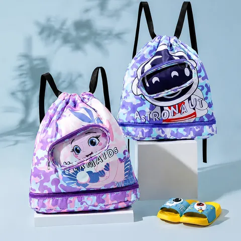 Kids Waterproof Swimming Backpack Dry Wet Separation Drawstring Beach Bag Astronaut Mermaid Travel Sports School Bag
