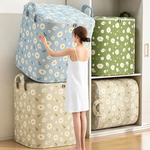 Large Capacity Quilt Storage Bag Daisy Floral Pattern Non-Woven Fabric Foldable Blanket Clothing Organizer Box