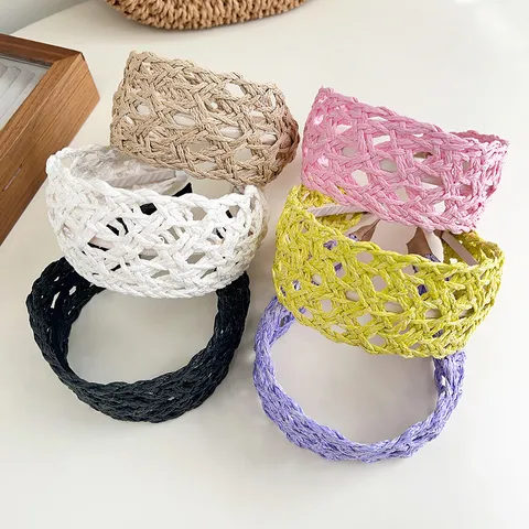 Women Summer Broad Edge Raffia Straw Woven Headband Hollow Mesh Hairband Beach Vacation Style Handmade Hair Accessories