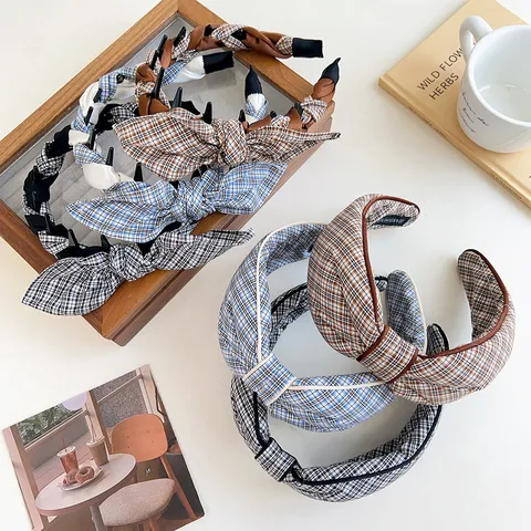 Korean Style Plaid Rabbit Ears Headband Sweet Elegant Non-Slip Fabric Hair Band Bow Knotted Hair Hoop Fashion Headwear For Women