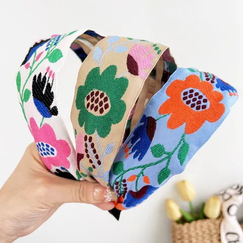 Serre-tête Large Brodé Style Ethnique Bohème Pince à Cheveux Nœud Floral pour Femmes Accessoires de Cheveux Vintage