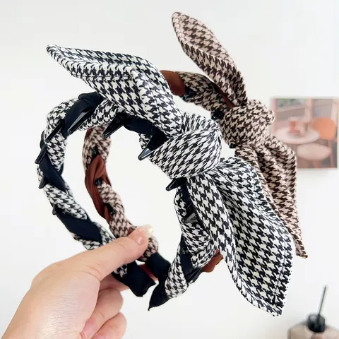 Vintage Houndstooth Knotted Rabbit Ear Headband For Women Korean Style High Top Non-slip Hair Comb Fashion Hair Band Accessories