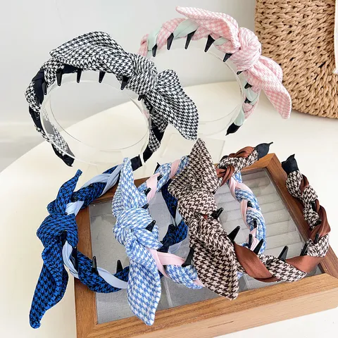 Vintage Houndstooth Knotted Rabbit Ear Headband For Women Korean Style High Top Non-slip Hair Comb Fashion Hair Band Accessories