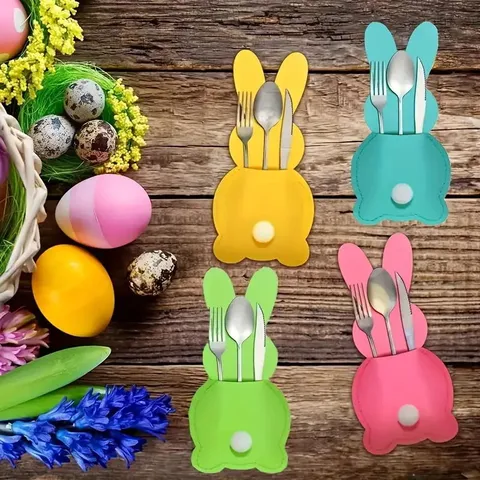 Easter Bunny Felt Cutlery Holder Rabbit Silverware Pocket Pouch Festive Table Decor Party Supplies Cutlery Organizer Bag