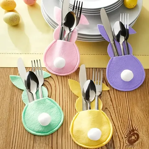 Sac Porte-Couverts Lapin de Pâques Décoration de Table à Manger Pochettes à Couverts en Forme de Lapin Plastique Accessoires de Fête Ornements