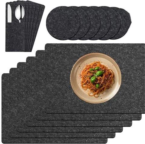 Washable Dark Grey Felt Placemats Set 18-Piece Heat Resistant Rectangular Table Mats Round Coasters With Cutlery Bags For Home Kitchen Dining Decor