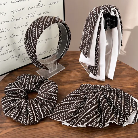 Fashion Simple Striped Sequin Headband Versatile Coffee Brown Hair Scrunchie Collection Bow Knot Hair Claw Clip Daily Commute Accessory For Women