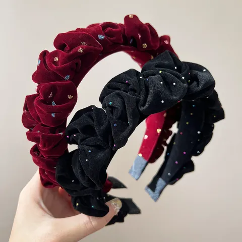 Korean Style Flocked Ruched Headband For Women Romantic Starry Sequin Pleated Hair Band High Top Headpiece For New Year