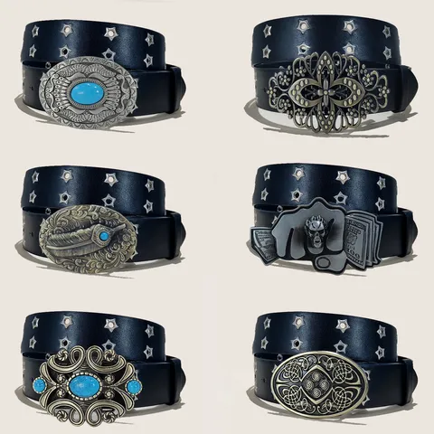 Vintage PU Leather Belt For Women Men Turquoise Feather Metal Buckle Double Grommet Waist Belt Casual Jeans Dress