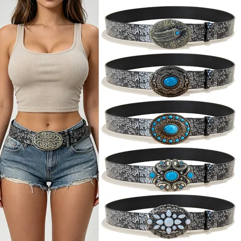 Bohemian Vintage Palace Style Gemstone Inlaid Wide Belt Women Silver Embossed PU Leather Waist Band