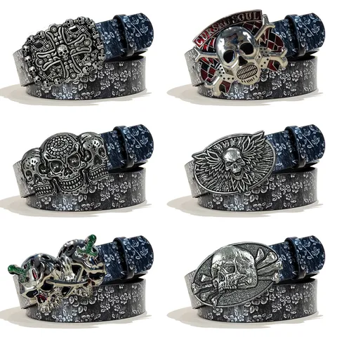 Women Punk Style PU Leather Belt Silver Embossed Skull Buckle Rhinestone Adjustable Waist Belt Fashion Accessories