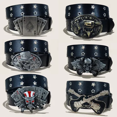 American Retro Punk PU Leather Belt Women Fashion Metal Poker Skull Buckle Double Row Star Eyelets Jeans Waist Belt