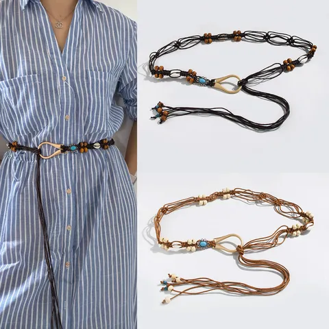 Cintura in Vita in Cordino Cerato Fatto a Mano Bohemien Con Perline di Legno Conchiglie e Fibbia in Metallo Donna Casual Vacanza Abito Boho Catena Pancia Gioielli