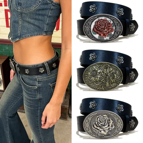 American Vintage Y2K Western Style Women Leather Belt Rose Flower Metal Studs Black Waist Belt Fashion Decor