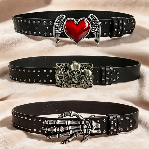 Punk Rivet PU Leather Belt With Metal Skull Heart Buckle Unisex Fashion Waist Belt For Men Women Casual Jeans Pants