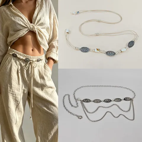 Bohemian Woven Wax Cord Belt Vintage Metal Carved Tassel Waist Chain Women Dress Casual Fashion Accessories