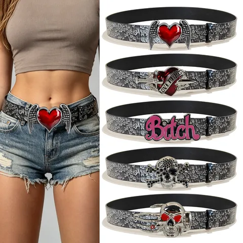 American Retro Y2K Style Women Men PU Leather Belt Vintage Embossed Heart Wings Skull Metal Buckle Casual Fashion Waist Belt