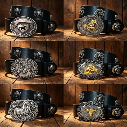 Western Cowboy Style PU Leather Belt Vintage Oval Buckle Skull Cross Rivets Punk Waist Belt For Women Men Fashion Jeans
