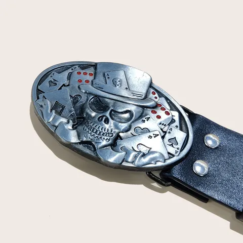 American Retro Punk PU Leather Belt Women Fashion Metal Poker Skull Buckle Double Row Star Eyelets Jeans Waist Belt