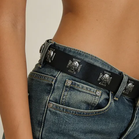 Men Punk Gothic Leather Belt Vintage Metal Skull Buckle Cross Studded Rock Streetwear Fashion Jeans Pants Belt