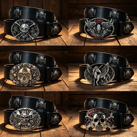 Men Punk Gothic Leather Belt Vintage Metal Skull Buckle Cross Studded Rock Streetwear Fashion Jeans Pants Belt