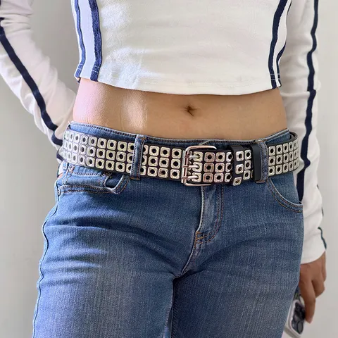 Punk Rivet Genuine Leather Belt Women Men Hip Hop Double Prong Buckle Black Waist Belt Fashion Jeans Accessories