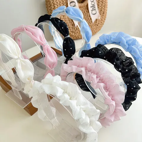 Serre-tête Élégant en Mesh à Pois Mode Strass Plissé Accessoires Cheveux Doux Style Scrunchie pour Femmes Filles