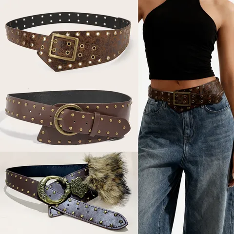 Women Retro Wide PU Leather Belt Vintage Double Pin Buckle Rivet Spliced Fluffy Waistband Y2K Fashion Apparel
