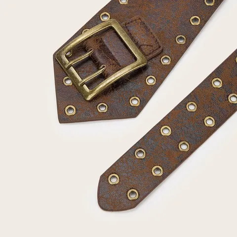 Women Retro Wide PU Leather Belt Vintage Double Pin Buckle Rivet Spliced Fluffy Waistband Y2K Fashion Apparel