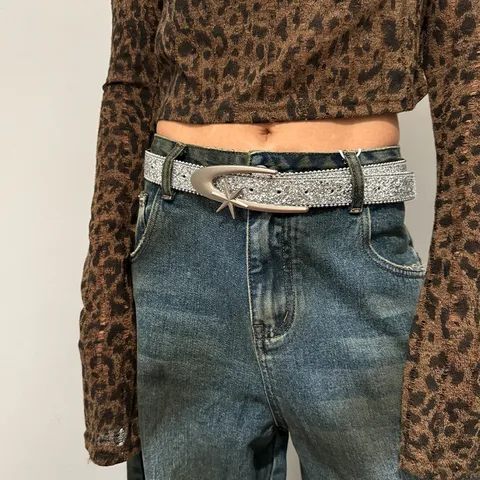 Women Fashion PU Leather Waist Belt Silver Moon Star Buckle Sequin Beaded Sparkly Decorative Belt For Dress