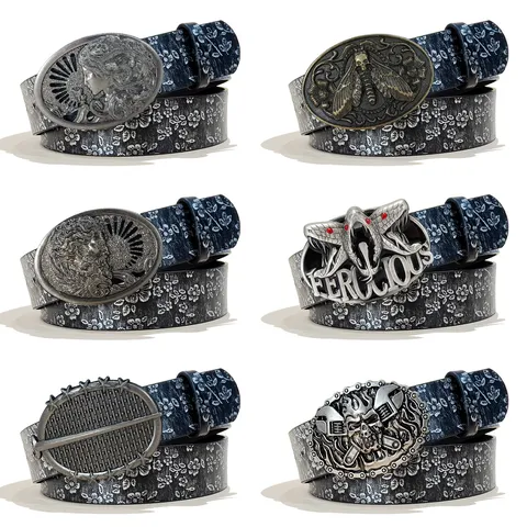Vintage Punk Embossed PU Leather Belt Men Women 3.8cm Silver Alloy Relief Buckle Casual Jeans Dress Belt