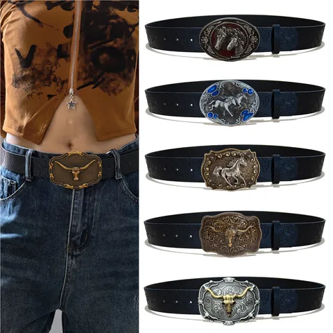 Women Vintage Western Cowboy PU Leather Belt Floral Embossed Strap With Metal Horse Bull Head Buckle Fashion Jeans Belt
